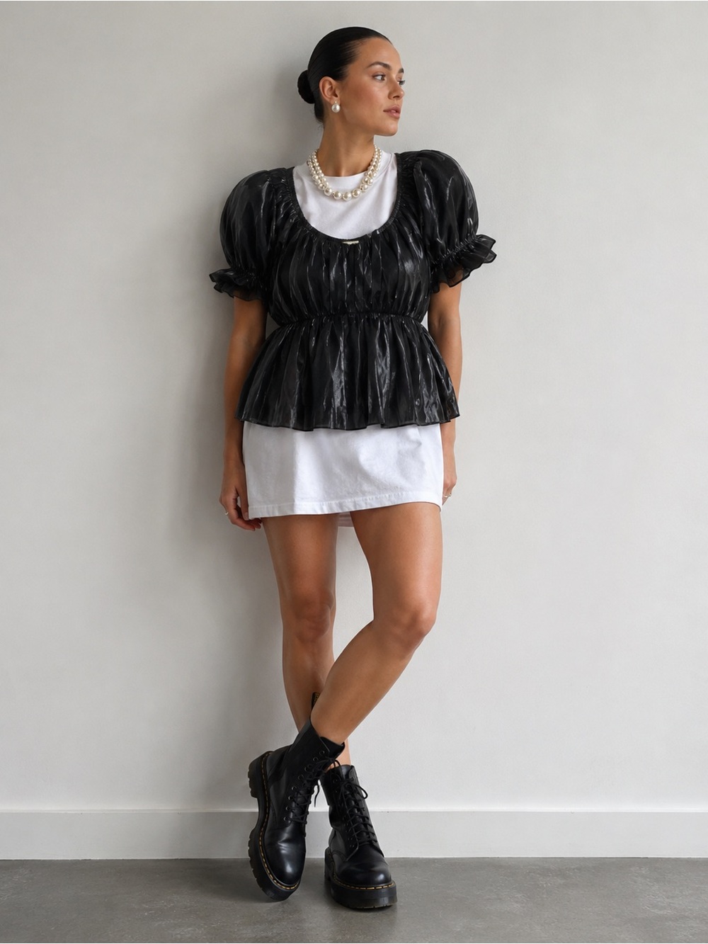 Thirty/Thirty Black Organza Puff Sleeve Peplum Top